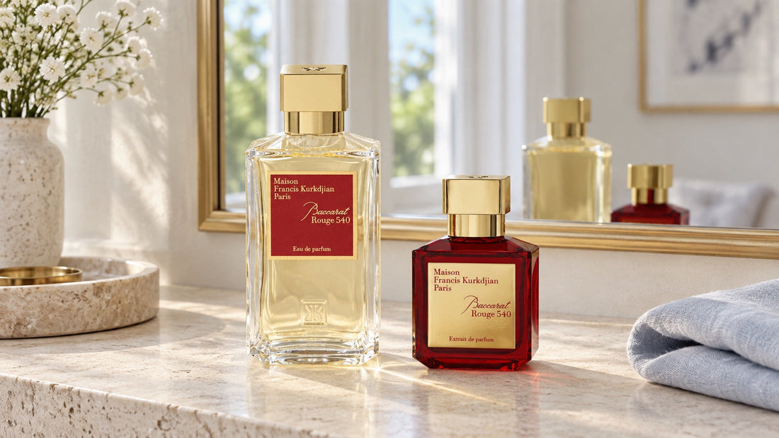 Flacoanele Baccarat Rouge 540 Eau de Parfum și Extrait de Parfum în lumină naturală blândă.
