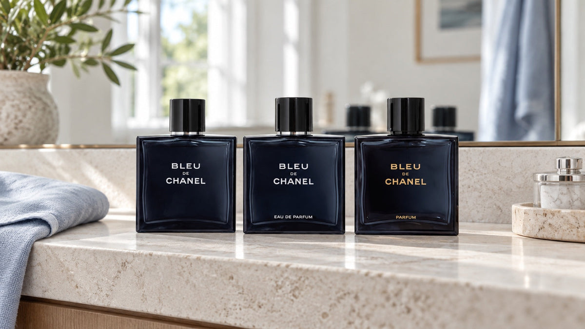 Cele trei flacoane Bleu de Chanel: Eau de Toilette, Eau de Parfum și Parfum în lumină naturală blândă.