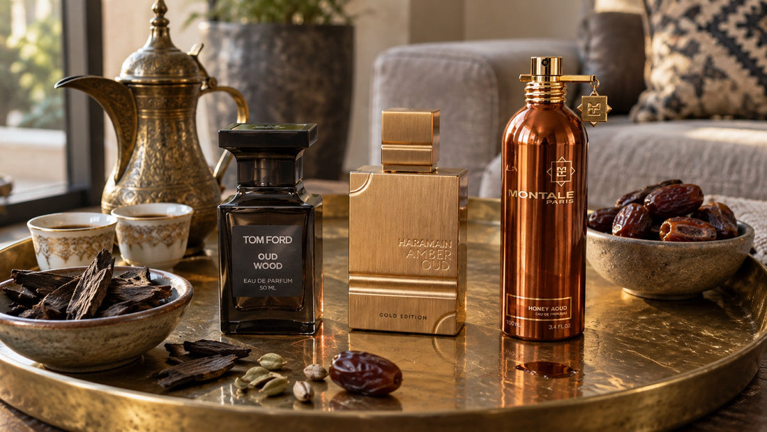 Oud Wood, Amber Oud Gold a Honey Aoud na mosazném podnosu s agarovým dřevem