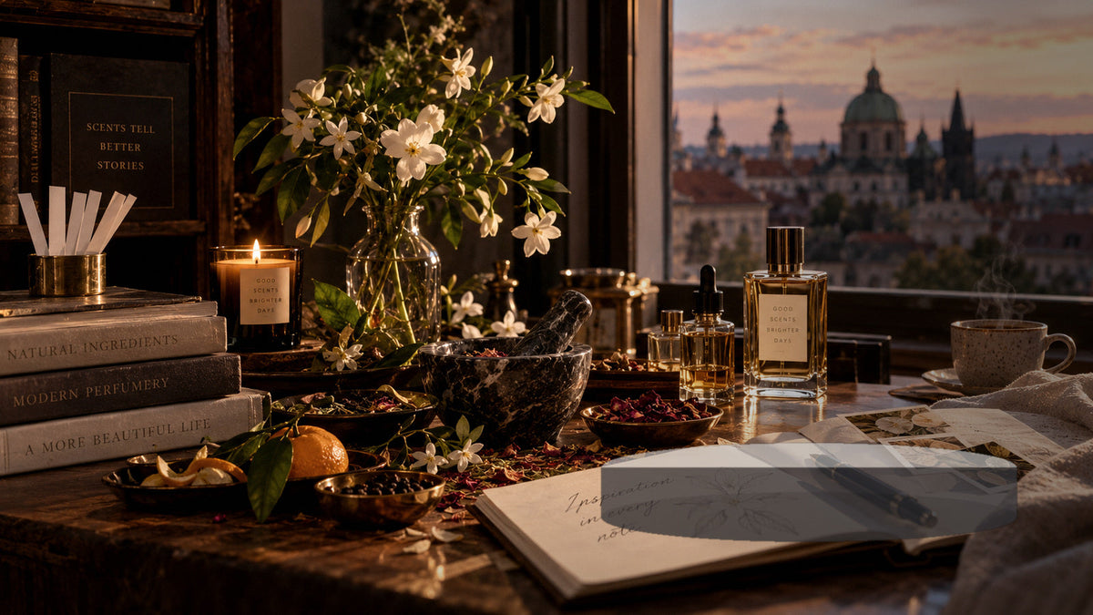 Prawdziwa próbka perfum i dekant w realistycznym środowisku