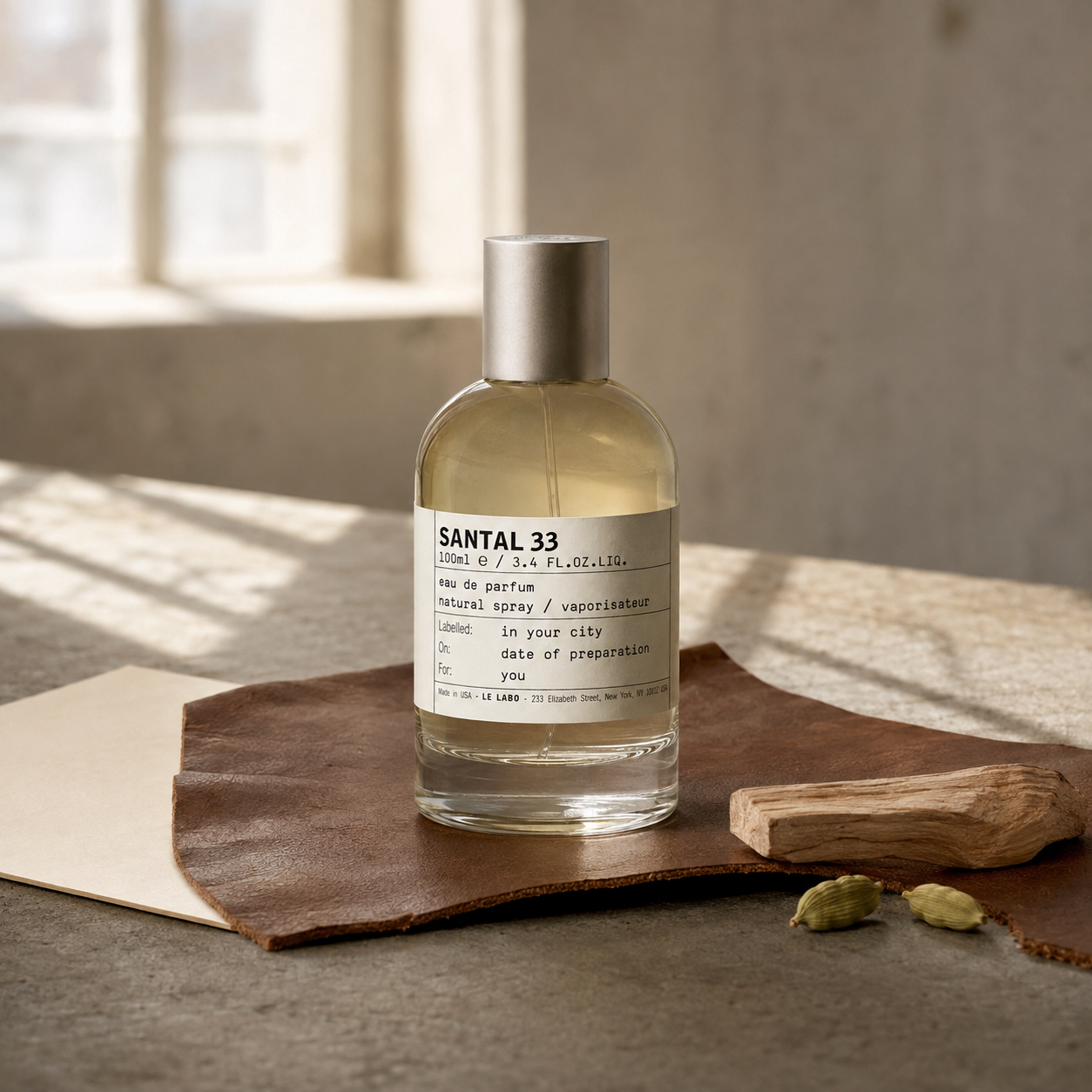 Le Labo Santal 33 na kožené podložce s dřevem a kardamomem v ranním světle – MrRizz