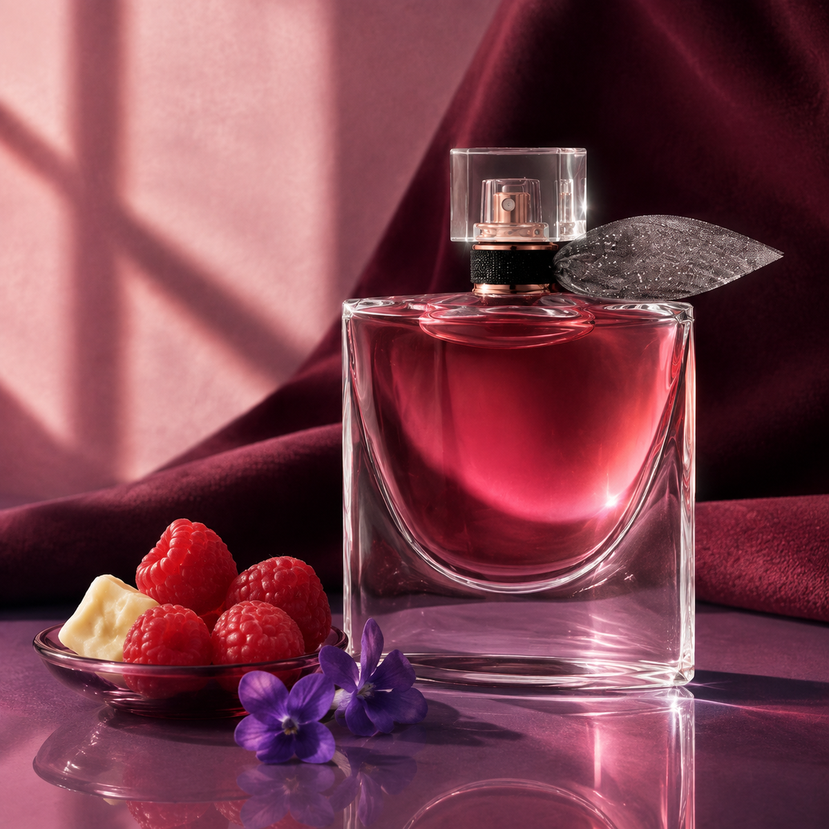 Lancôme La Vie est Belle L’Elixir v malinovém zátiší s fialkou a kakaovým máslem – MrRizz
