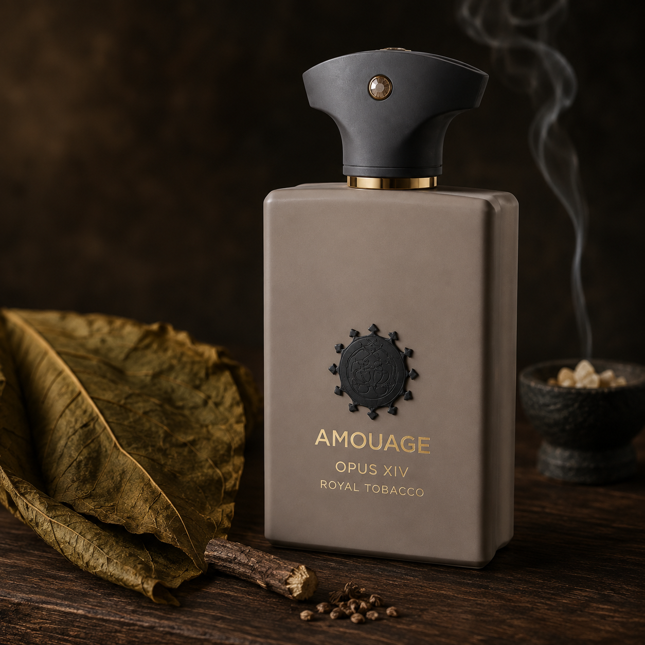 Amouage Opus XIV Royal Tobacco v tabákovém zátiší s anýzem a kadidlem