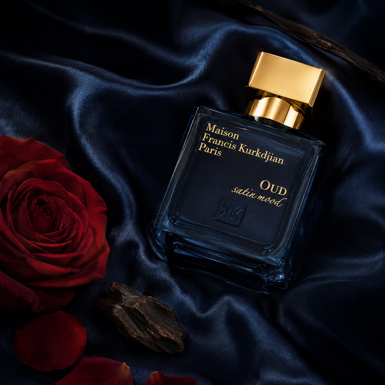 Maison Francis Kurkdjian Oud Satin Mood na tmavě modrém saténu s růží a oudem – MrRizz