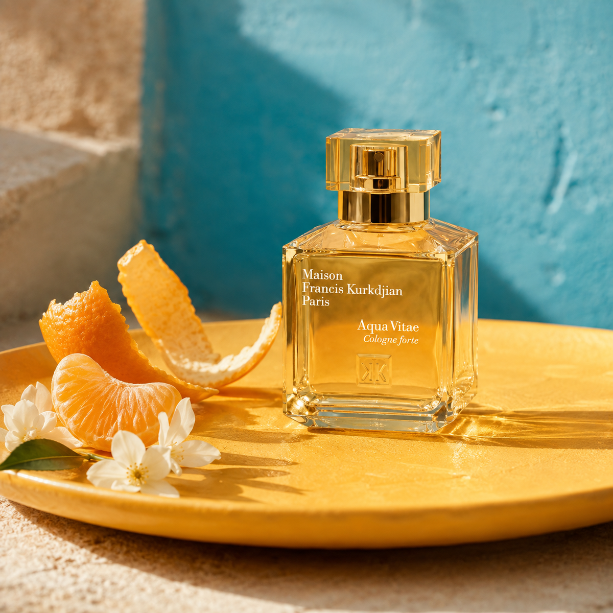 Aqua Vitae Cologne forte ve zlatém slunečním zátiší s mandarinkou a bílými květy – MrRizz