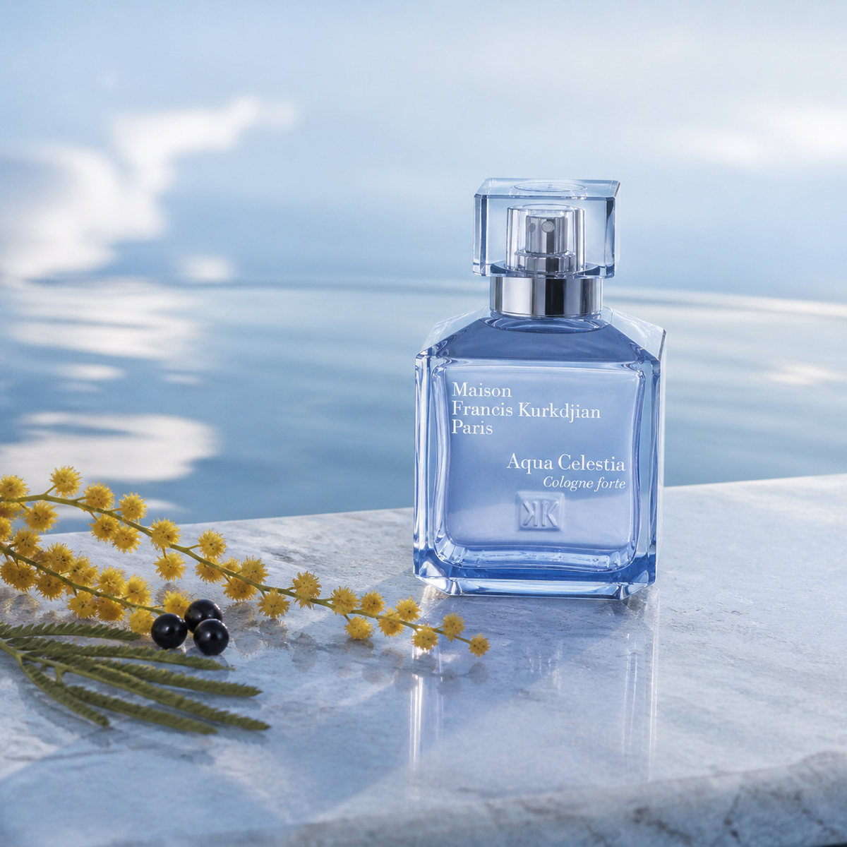 Aqua Celestia Cologne forte v azurovém zátiší s mimózou a rybízem – MrRizz