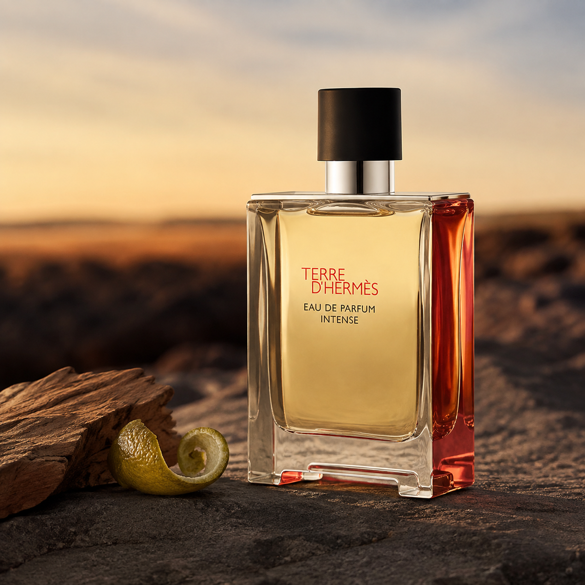 Terre d’Hermès Eau de Parfum Intense na sopečném kameni v teplém večerním světle – MrRizz