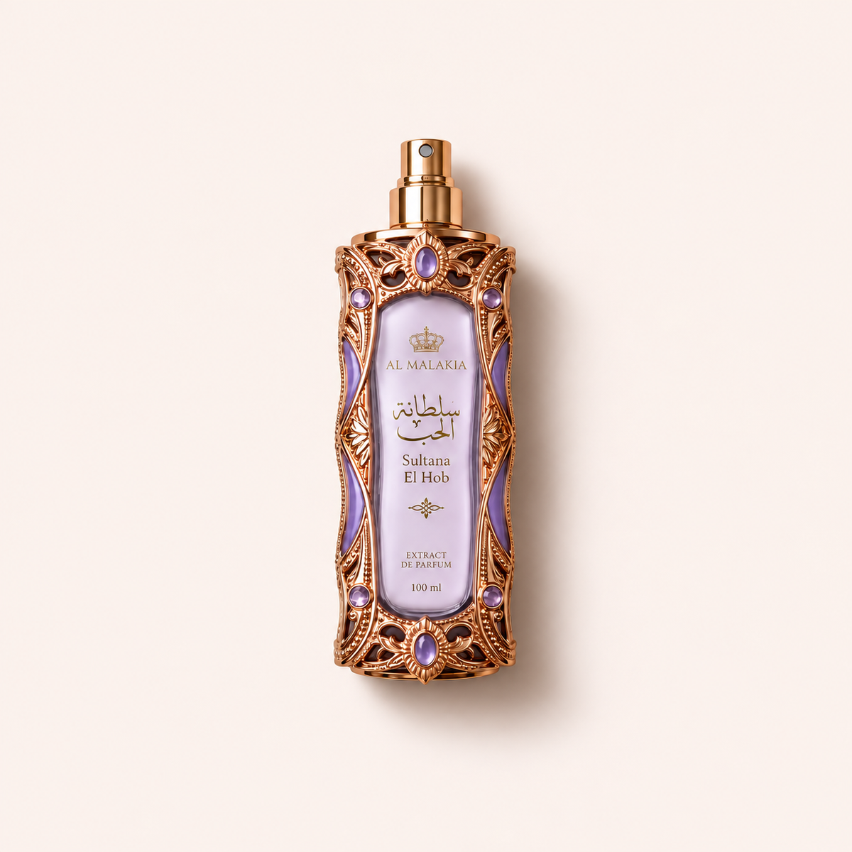 Tester Al Malakia Sultana El Hob Extrair 100 ml v lila flakonu se zlatým ornamentem – MrRizz