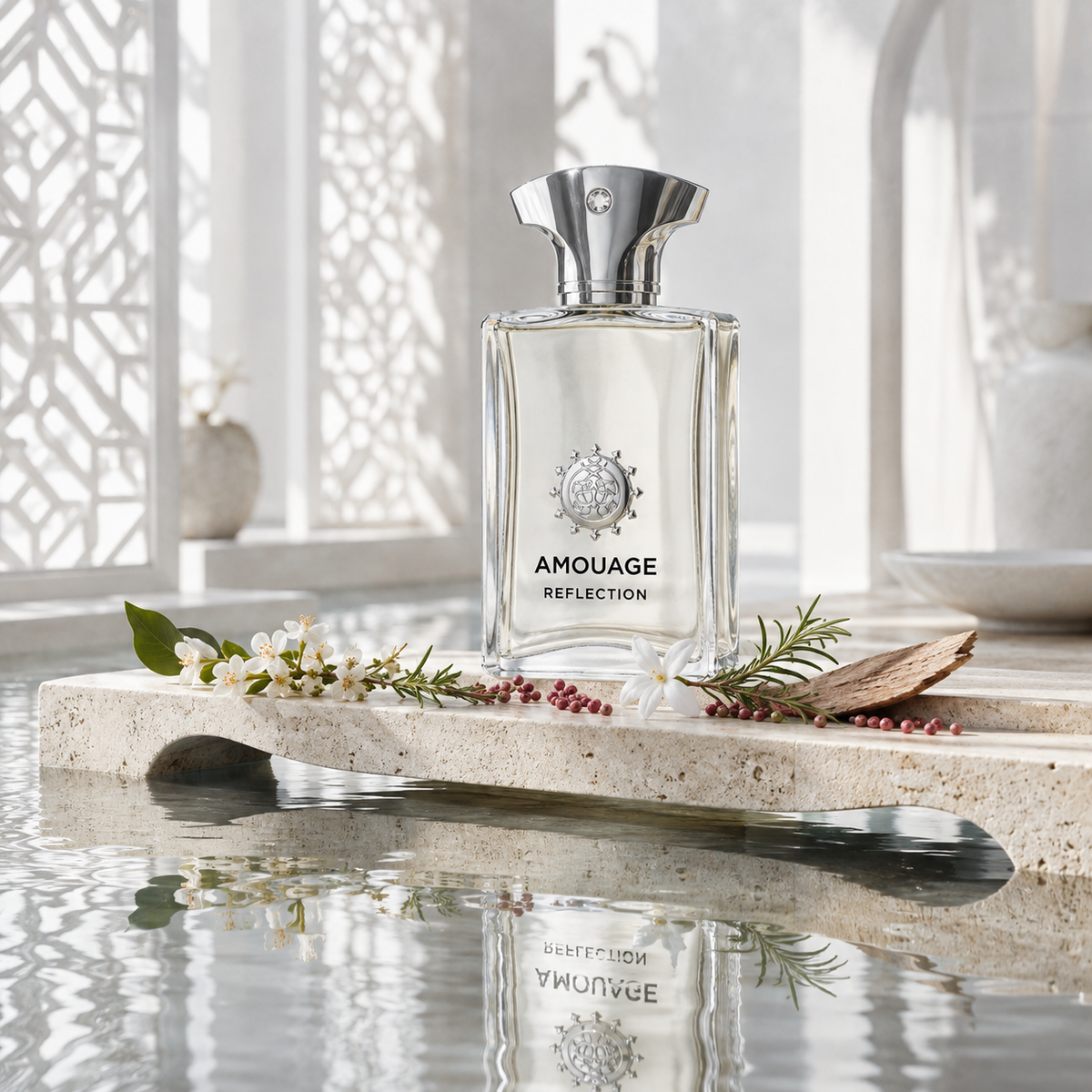 Amouage Reflection Man v emocionální světlé scéně s neroli, rozmarýnem a jasmínem – MrRizz