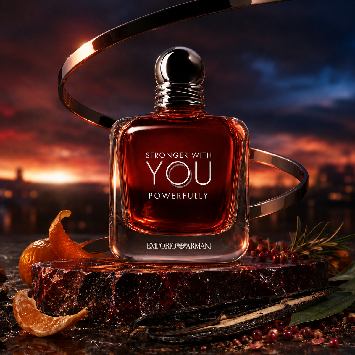 Emporio Armani Stronger With You Powerfully v emocionální červené scéně s citrusy, kořením a vanilkou – MrRizz