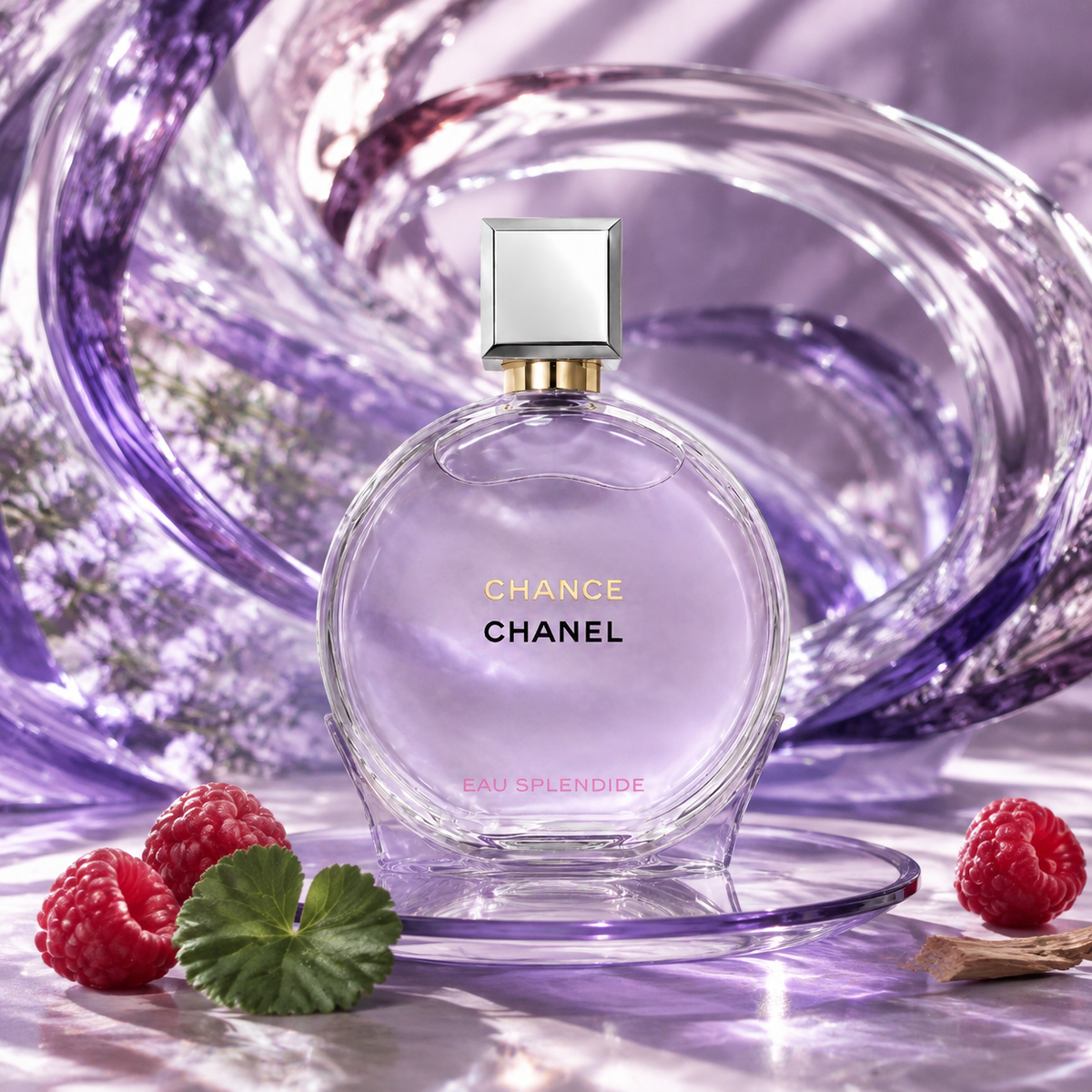 Chanel Chance Eau Splendide mezi fialovými skleněnými oblouky s malinami – MrRizz