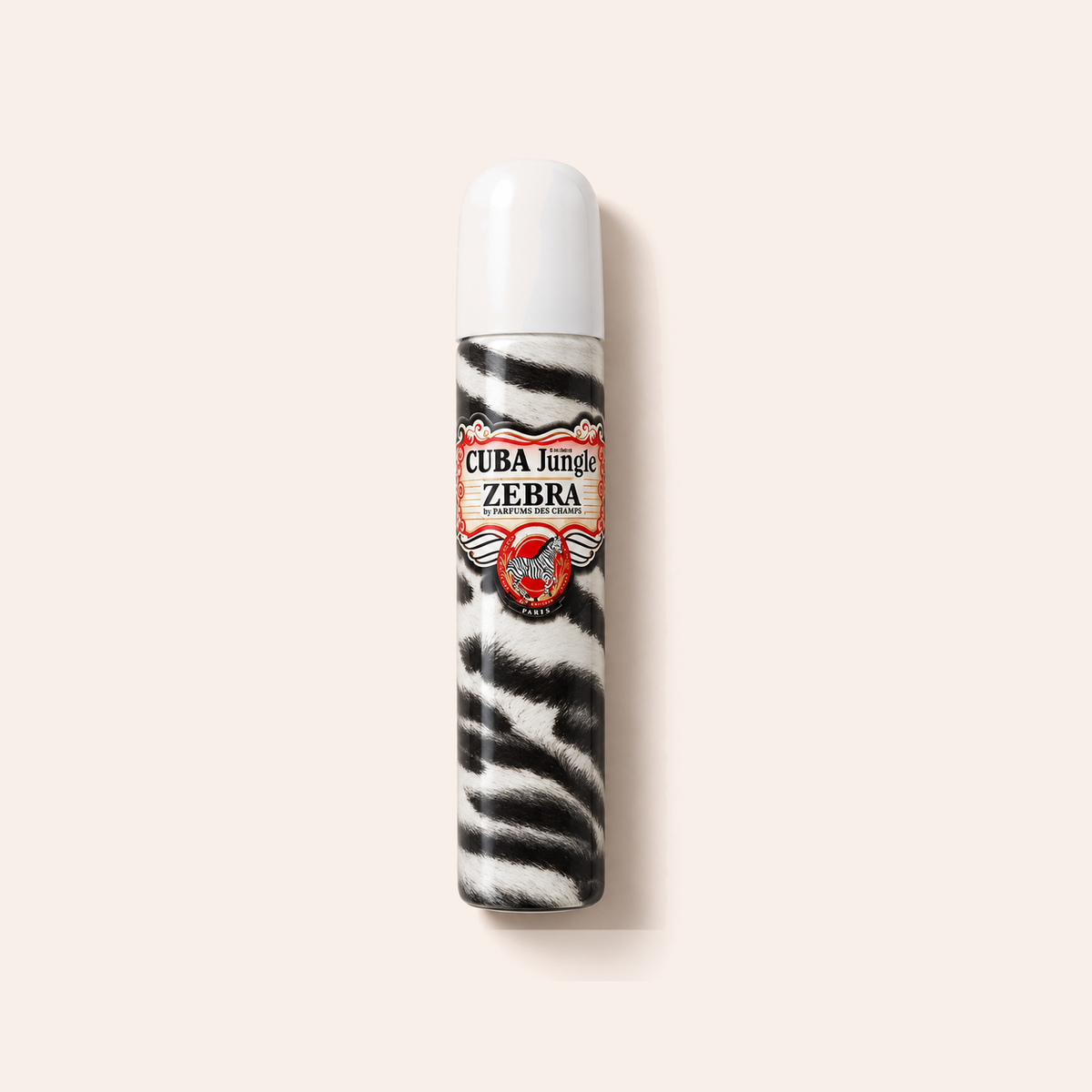Flakon Cuba Jungle Zebra EDP 35 ml na pudrově růžovém pozadí – MrRizz