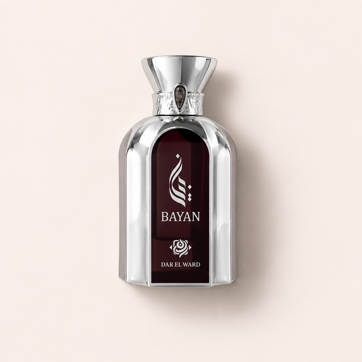 Stříbrný flakon Dar El Ward Bayan EDP 100 ml s tmavým průčelím, ozdobným uzávěrem a přirozeným stínem – MrRizz