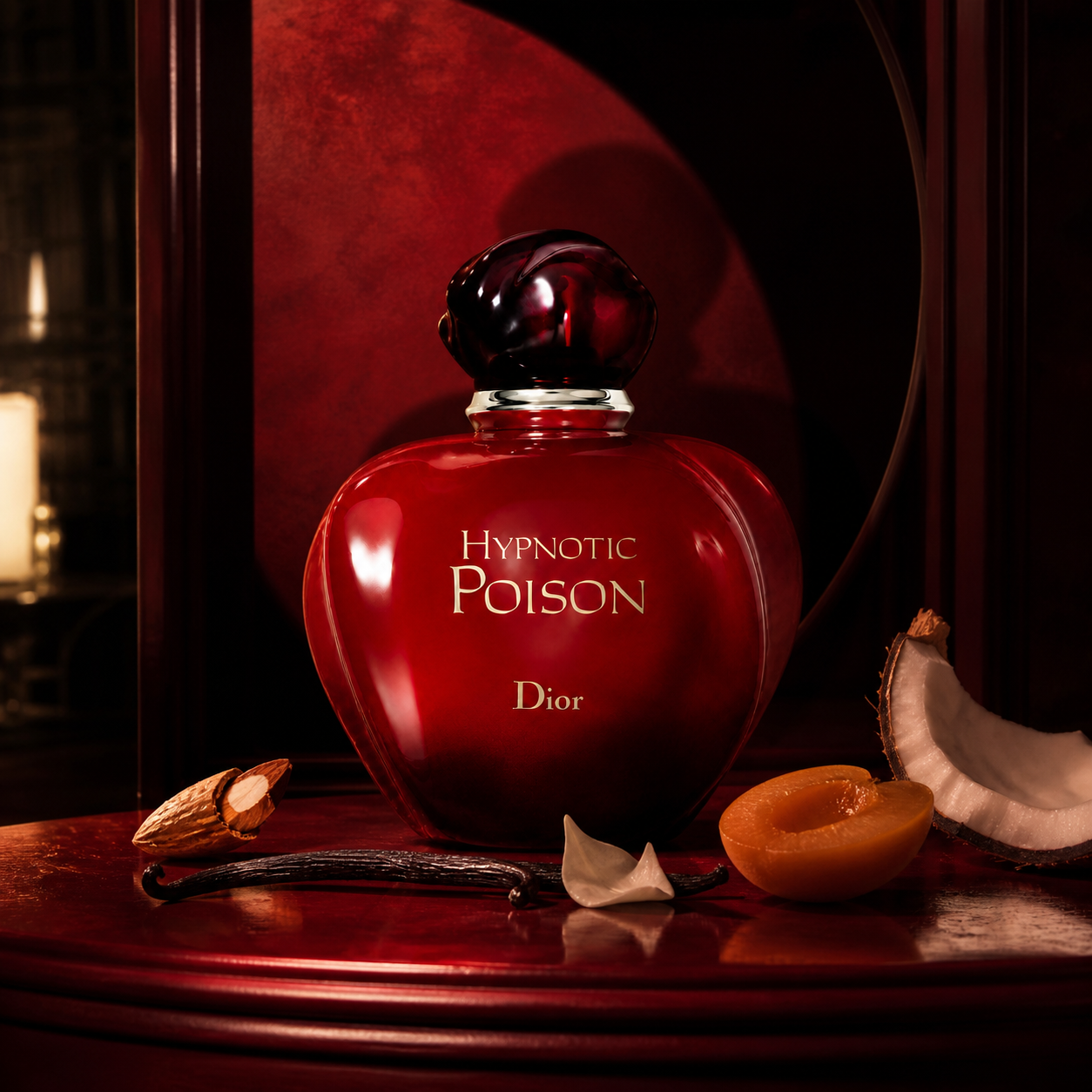 Dior Hypnotic Poison v rudém večerním zátiší s mandlí, meruňkou, kokosem a vanilkou