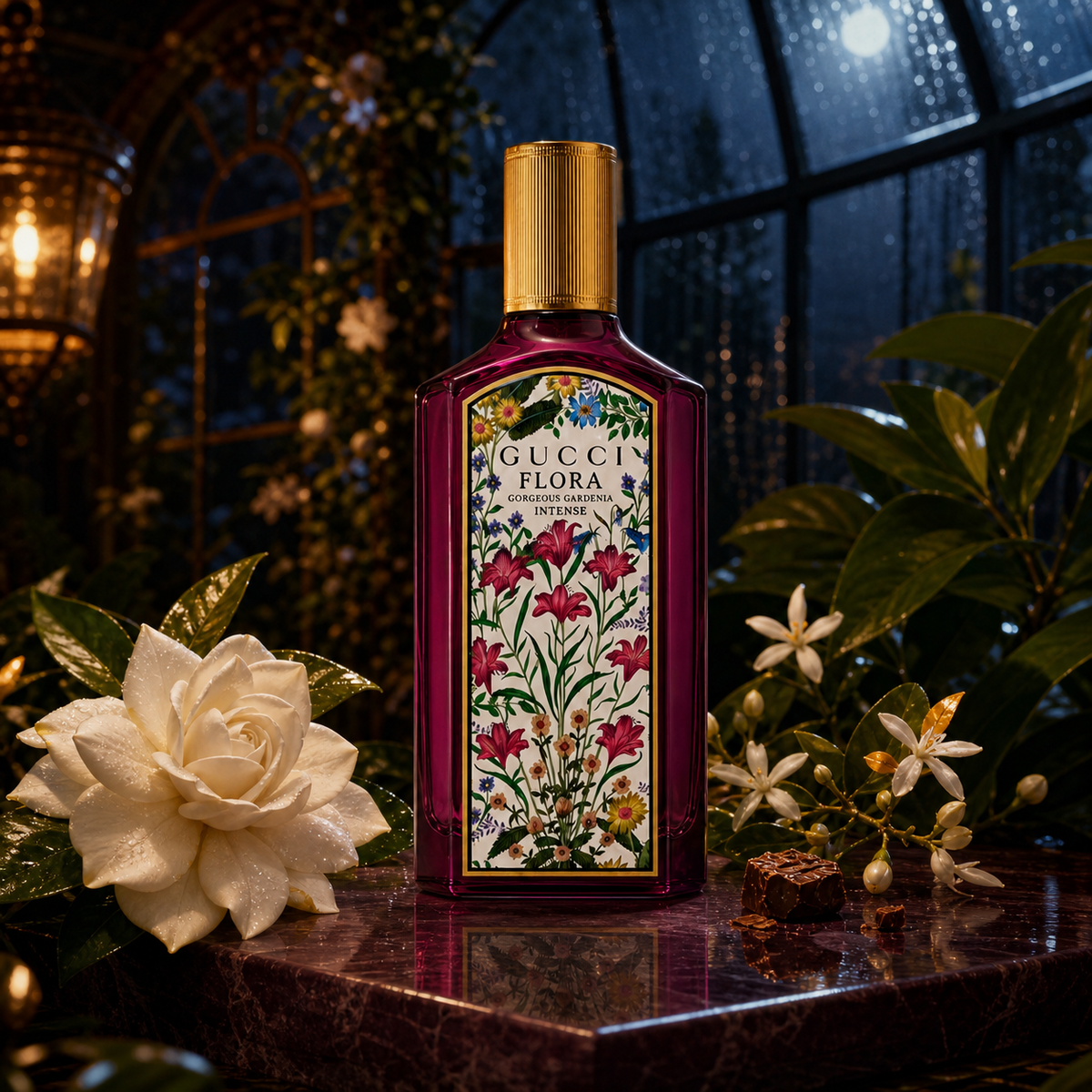 Emocionální vizuál parfému Gucci Flora Gorgeous Gardenia EDP Intense v nočním skleníku – MrRizz