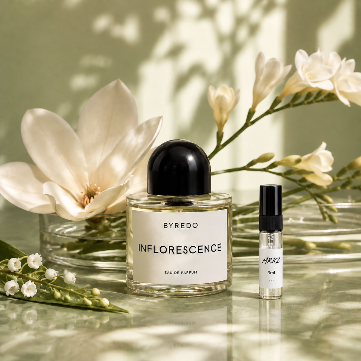 Byredo Inflorescence – původní prostředí s lahvičkou vzorku MrRizz