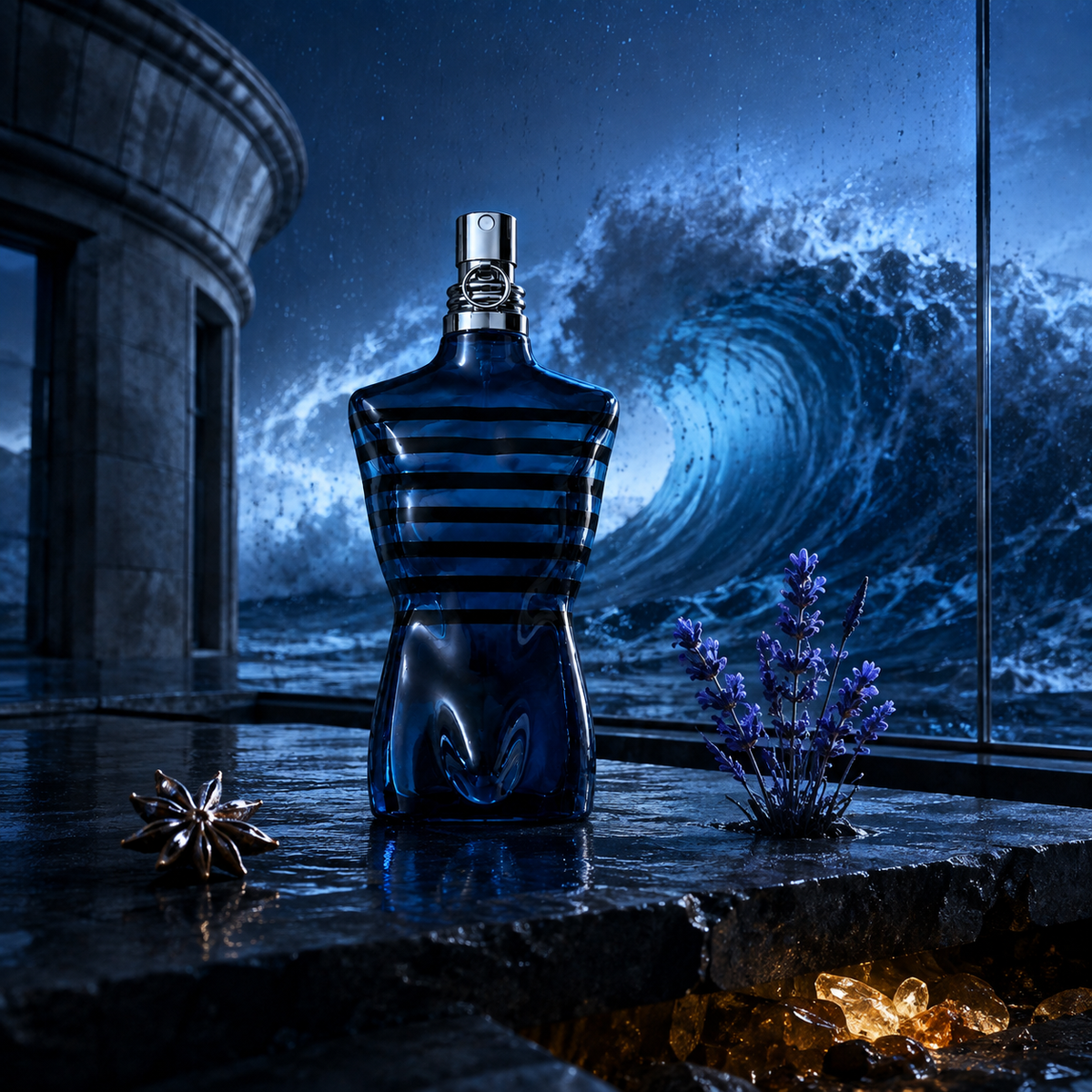 Jean Paul Gaultier Le Male In Blue před noční oceánskou vlnou – MrRizz