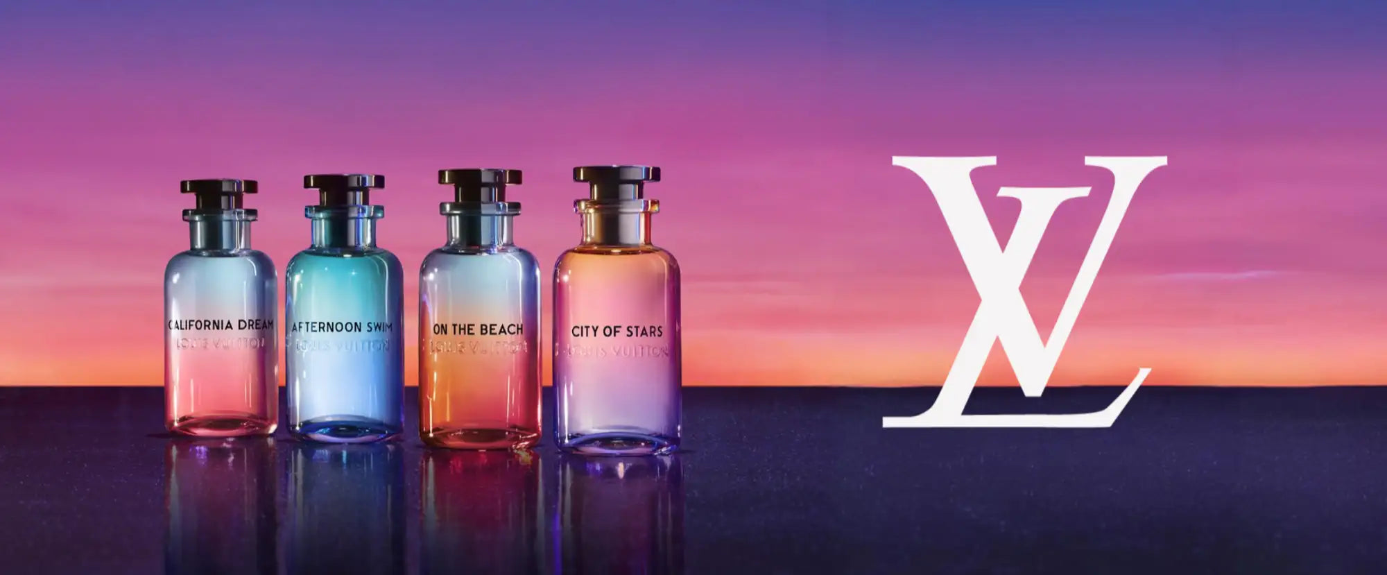 Lahve na parfémy Louis Vuitton s gradiovými barvami a elegantním designem.