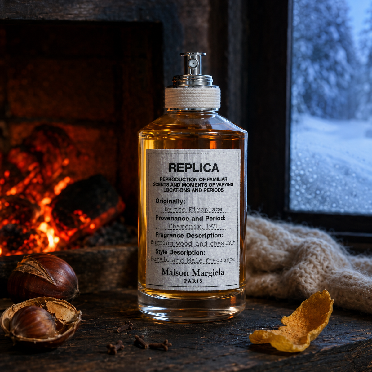 Maison Margiela Replica By the Fireplace u hořícího krbu s kaštany a zimní krajinou za oknem – MrRizz