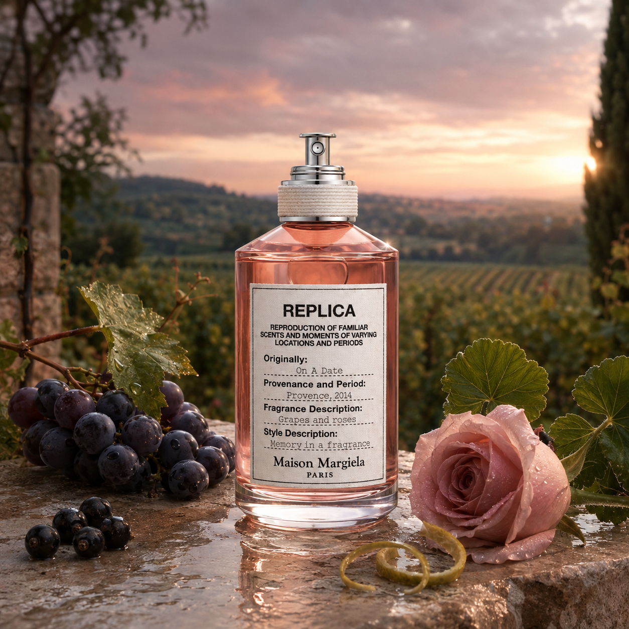 Emocionální vizuál parfému Maison Margiela Replica On A Date na provensálské vinici po dešti