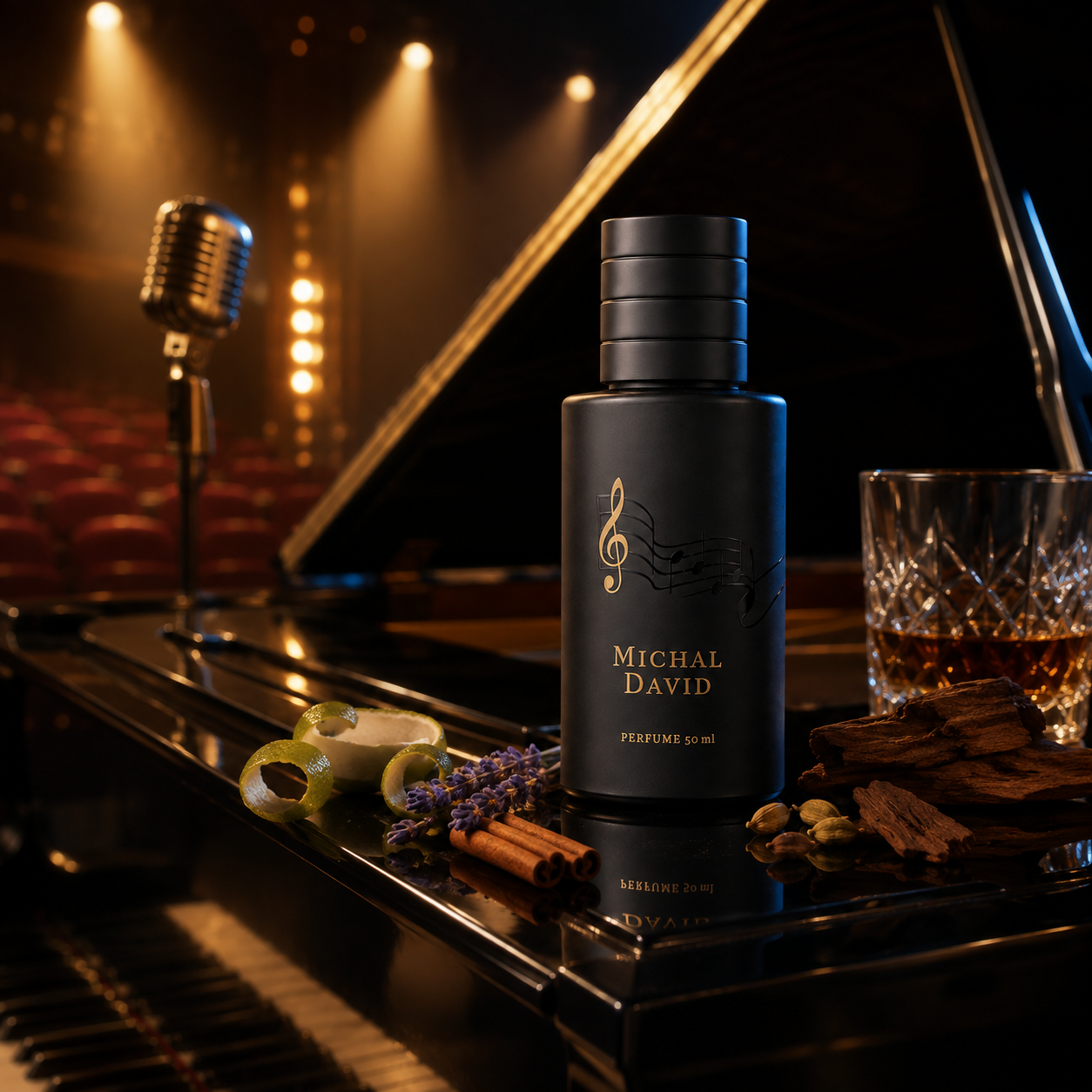 Michal David Perfume v hřejivém hudebním zátiší na prázdném pódiu – MrRizz