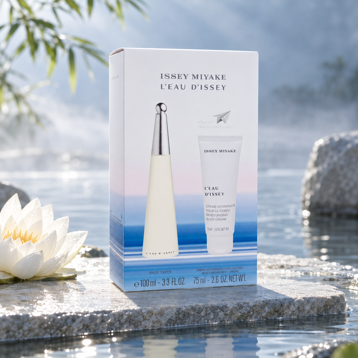 Issey Miyake L'Eau D'Issey – sada EDT 100 ml + tělový krém 75 ml – produkt v prostředí