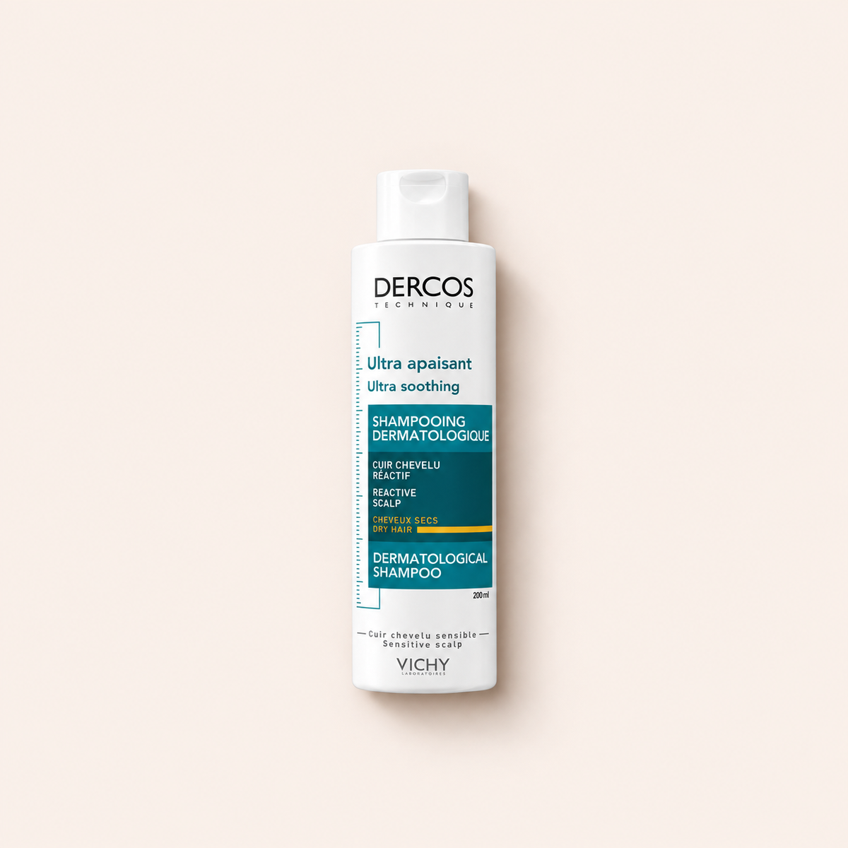 Vichy Dercos Ultra Soothing Dermatological Shampoo 200 ml na béžovém pozadí – MrRizz