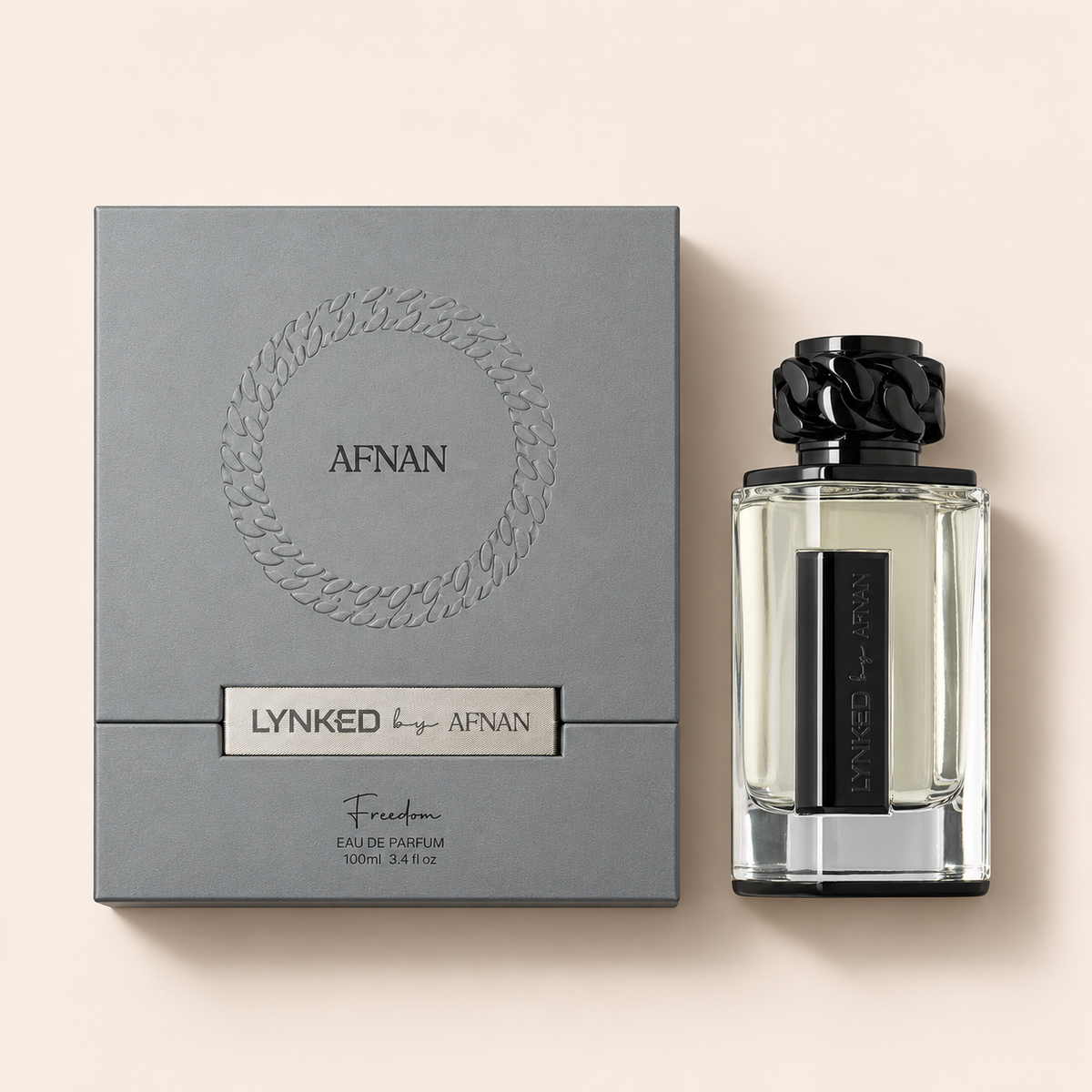 Afnan Lynked Freedom EDP 100 ml – flakon s originálním obalem na béžovém pozadí, pohled shora