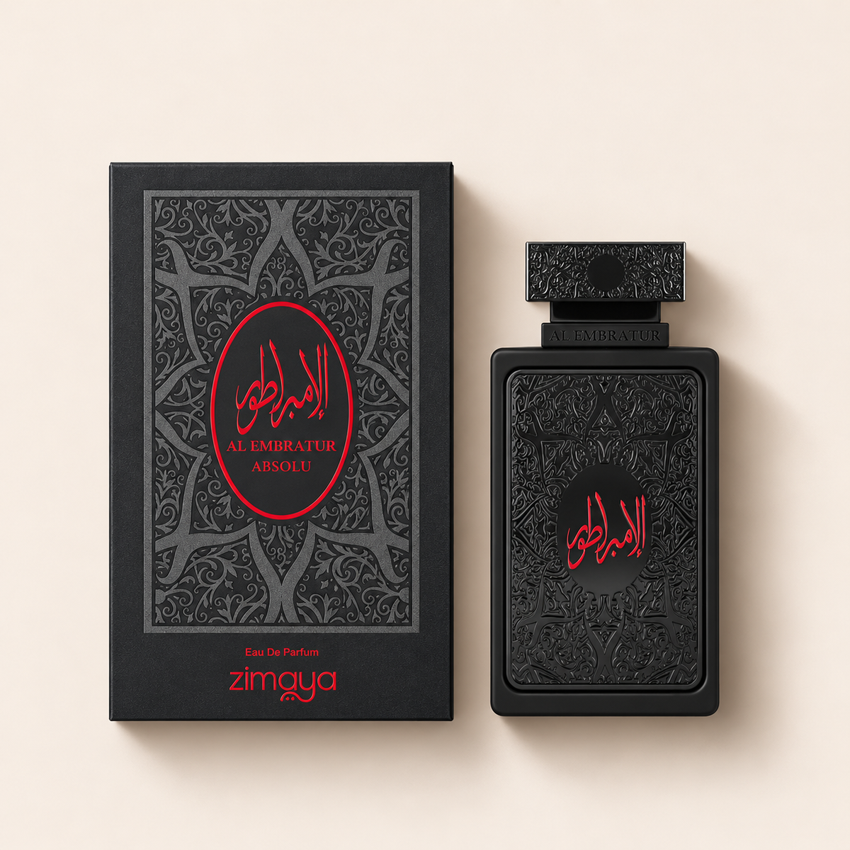 Zimaya Al Embratur Absolu 100 ml – flakon s originálním obalem na béžovém pozadí, pohled shora