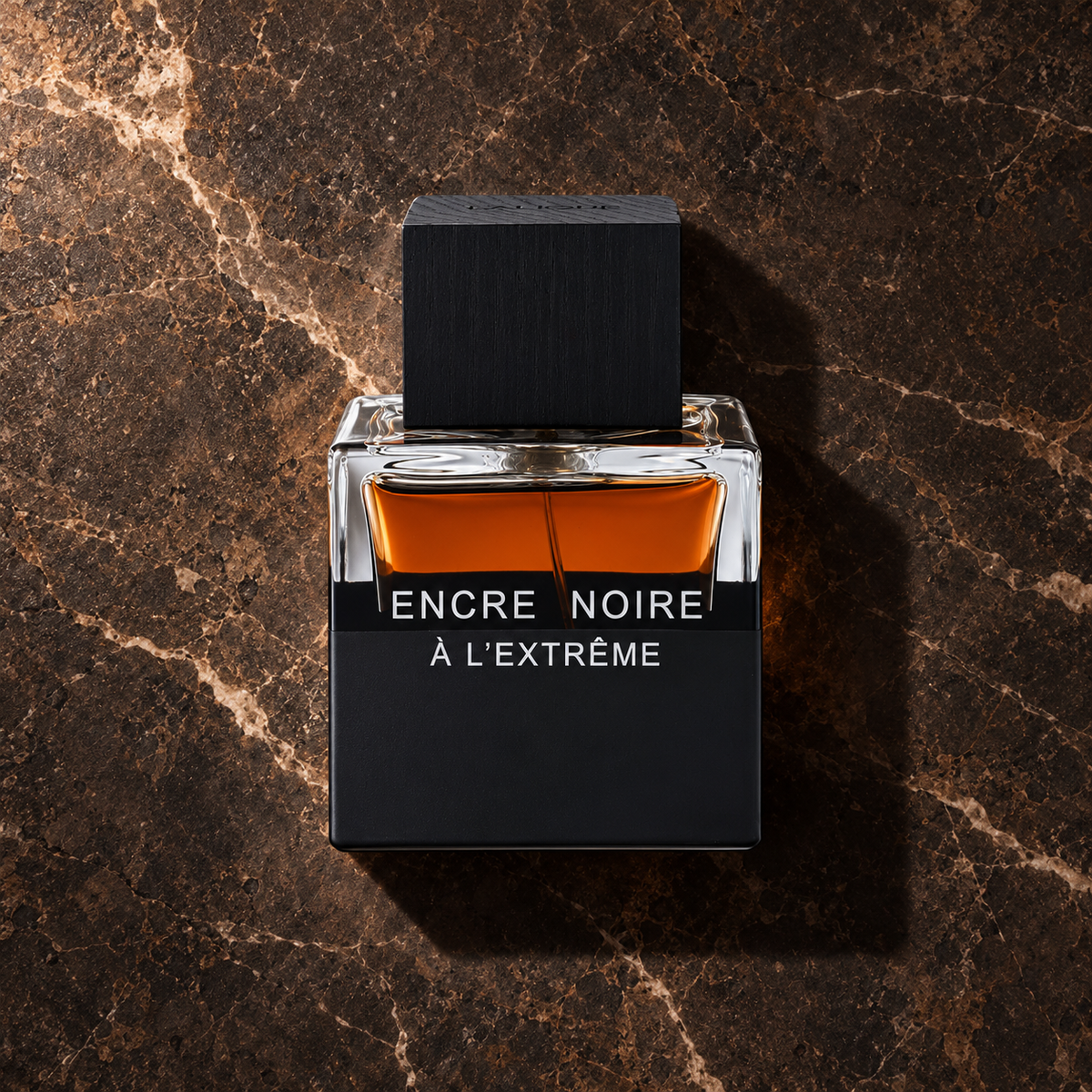 Lalique Encre Noire À L’Extrême EDP 100 ml – parfém v prostředí, pohled shora s bočním stínem