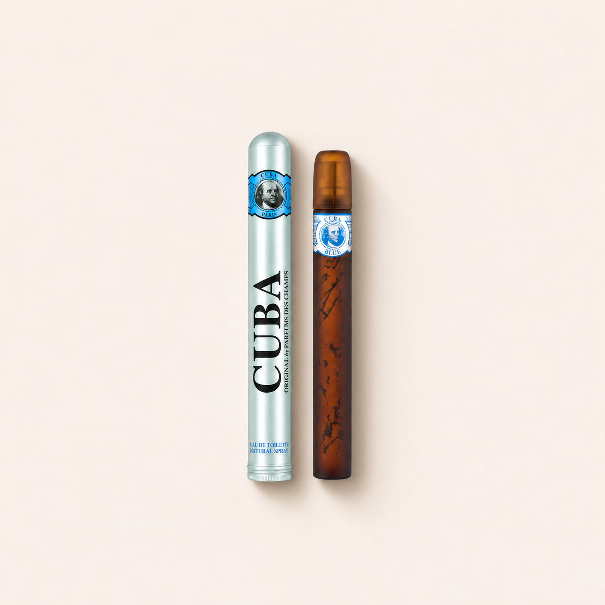 Cuba Blue EDT 35 ml – flakon s originálním obalem na béžovém pozadí, pohled shora