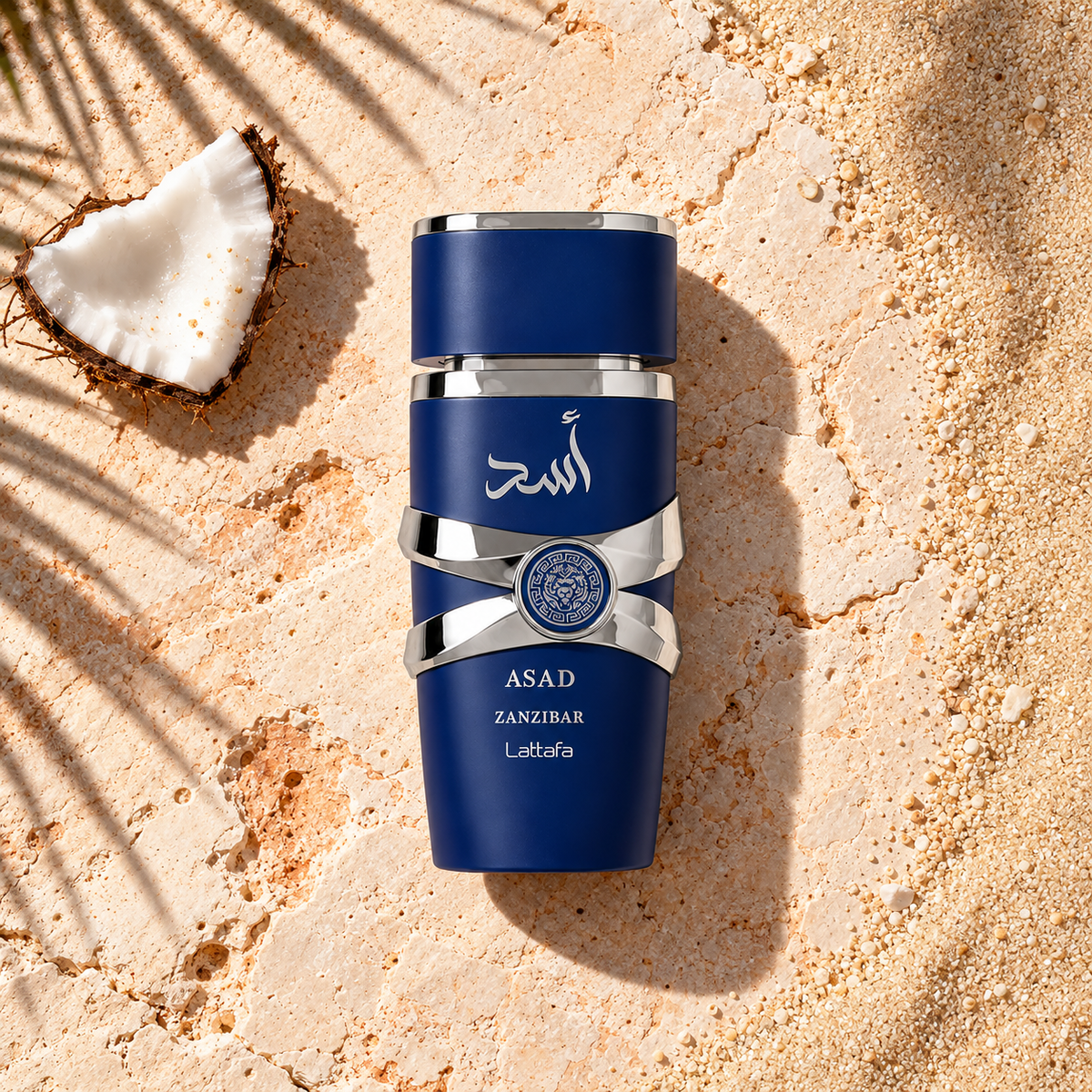 Lattafa Asad Zanzibar EDP 100 ml – parfém v prostředí, pohled shora s bočním stínem