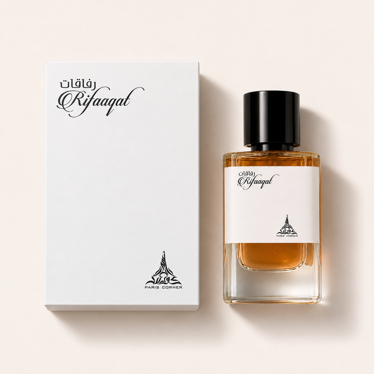 Paris Corner Rifaaqat EDP 85 ml – flakon s originálním obalem na béžovém pozadí, pohled shora