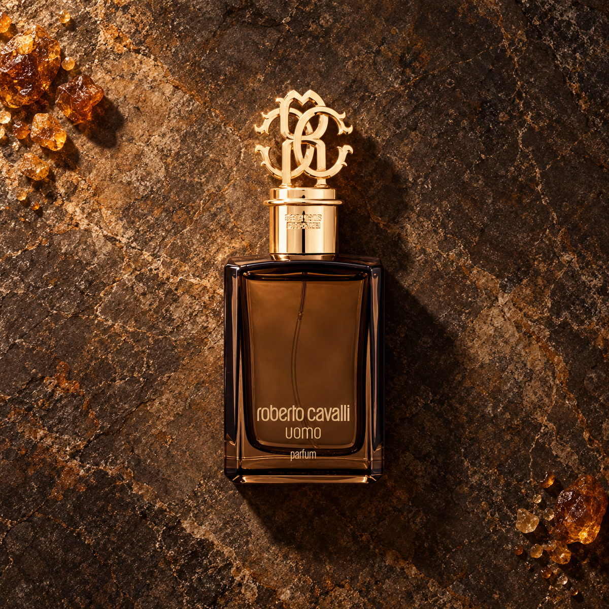Roberto Cavalli Uomo Parfum 100 ml – parfém v prostředí, pohled shora s bočním stínem