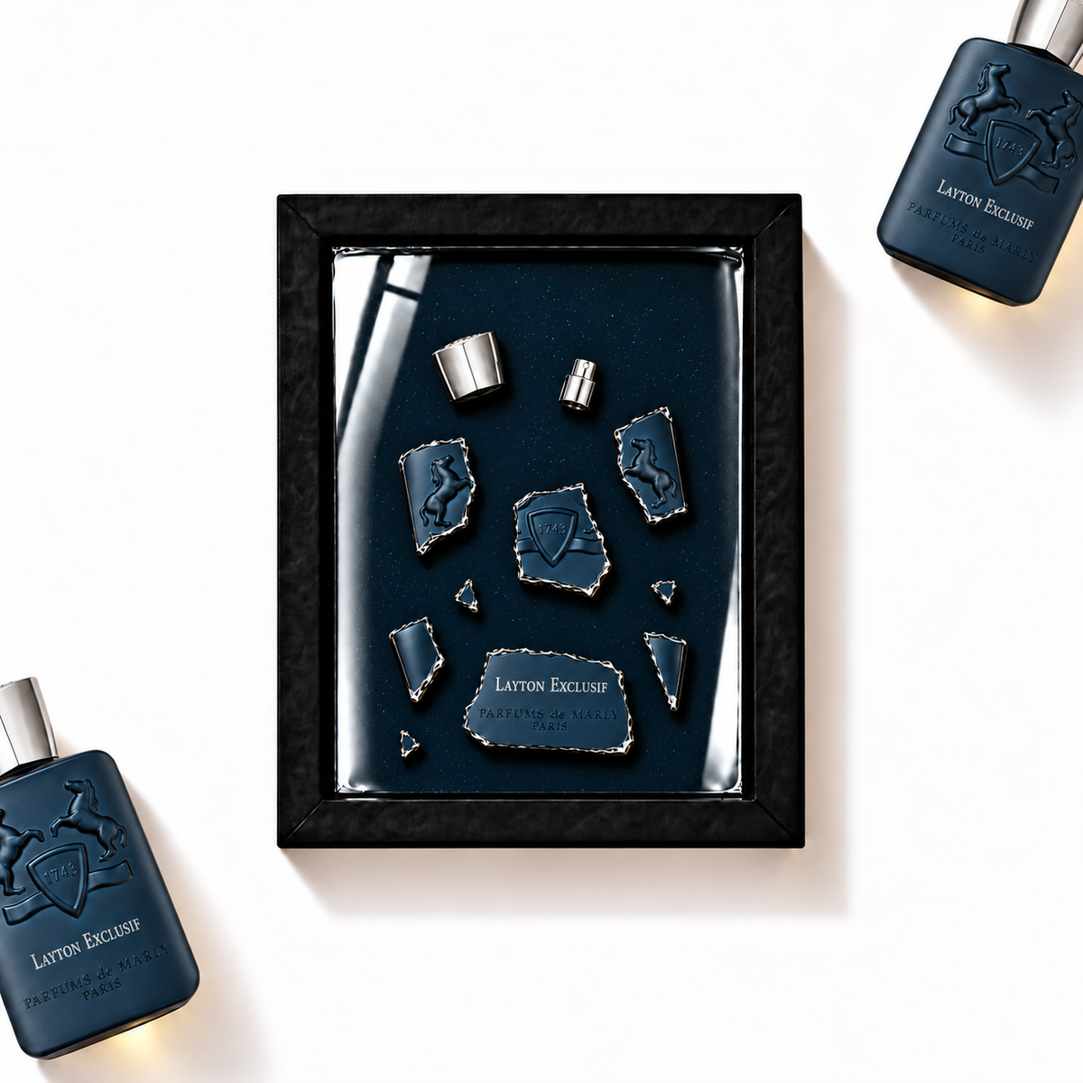 Parfemovy obraz Parfums de Marly Layton Exclusif v cernem ramu - ilustracni fotografie
