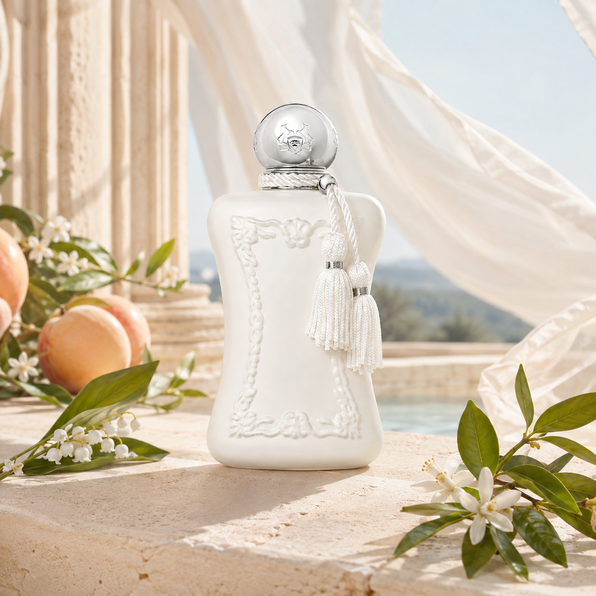 Parfums de Marly Valaya EDP – vzdušné broskvové zátiší s pomerančovým květem a konvalinkou