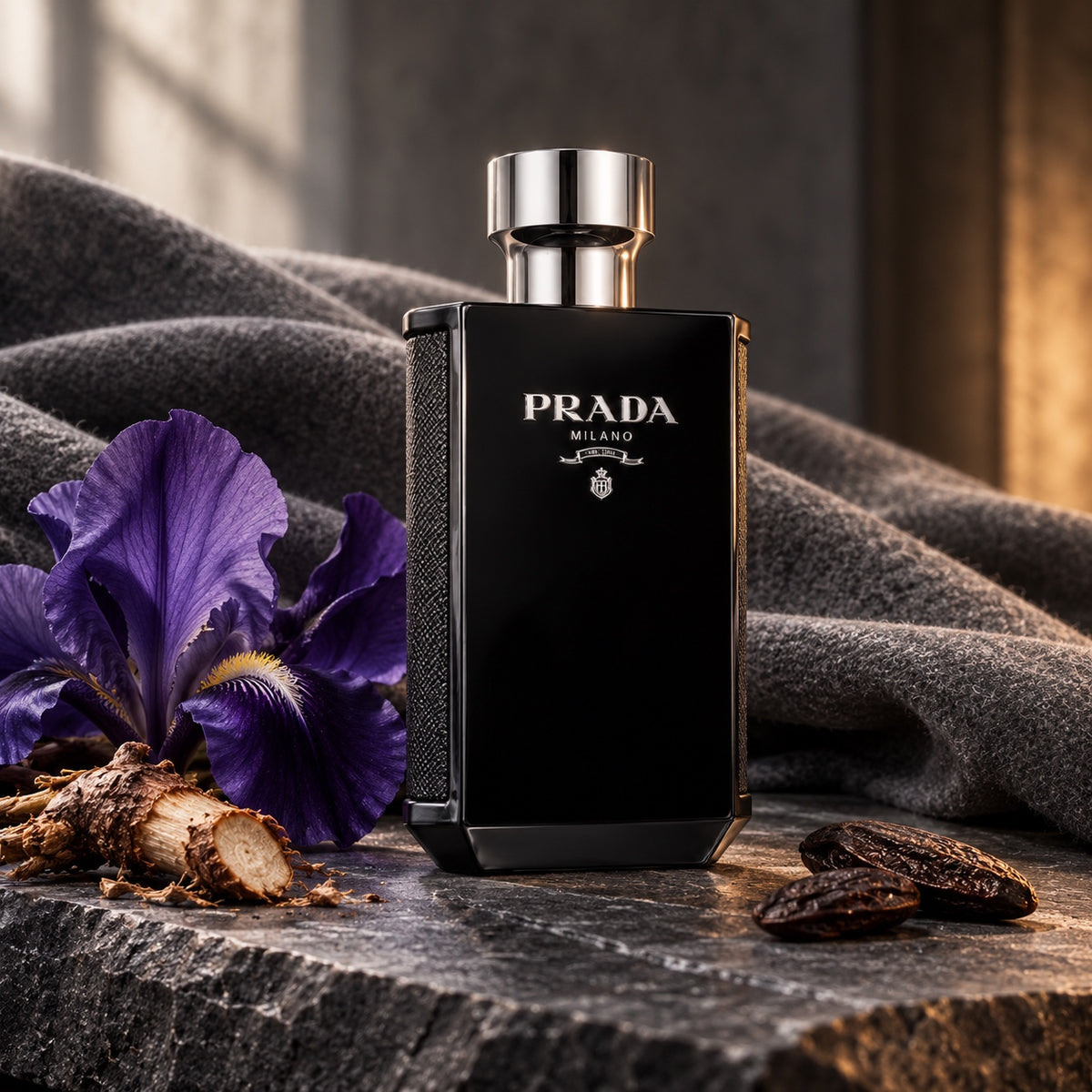 Prada L’Homme Intense EDP 100 ml v zátiší s kosatcem, tonkou a šedou vlnou – MrRizz
