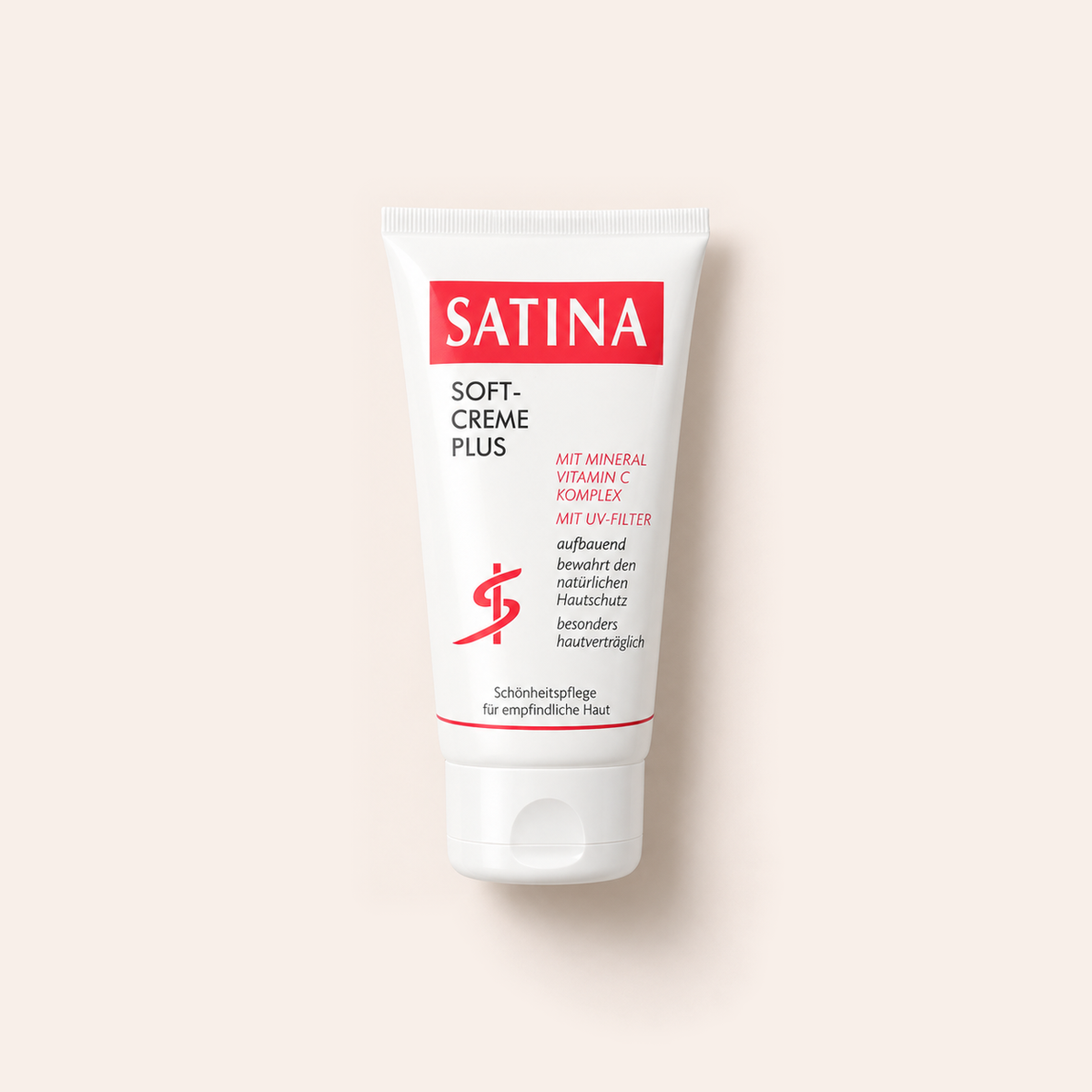 Tuba Satina Soft Cream Plus 75 ml na béžovém pozadí – MrRizz