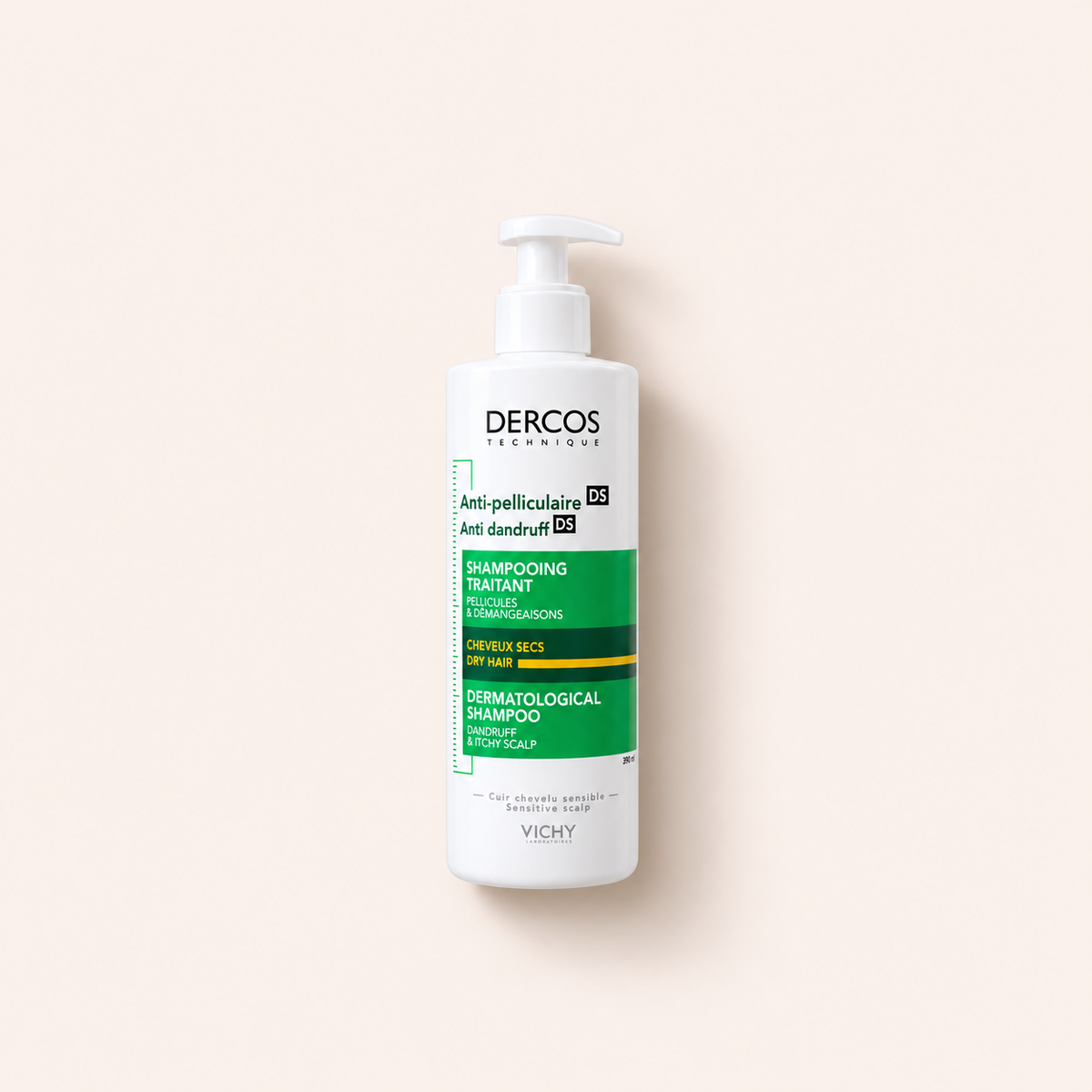 Šampon Vichy Dercos proti lupům na suché vlasy 390 ml na béžovém pozadí – MrRizz