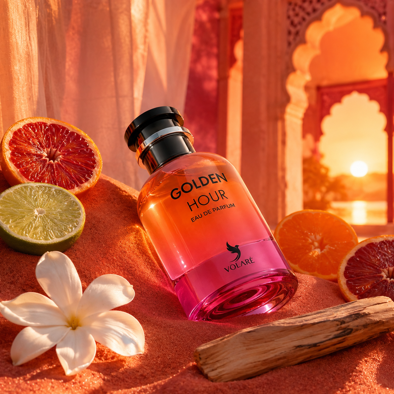 Volare Golden Hour – západové citrusové zátiší s tiaré a santalovým dřevem