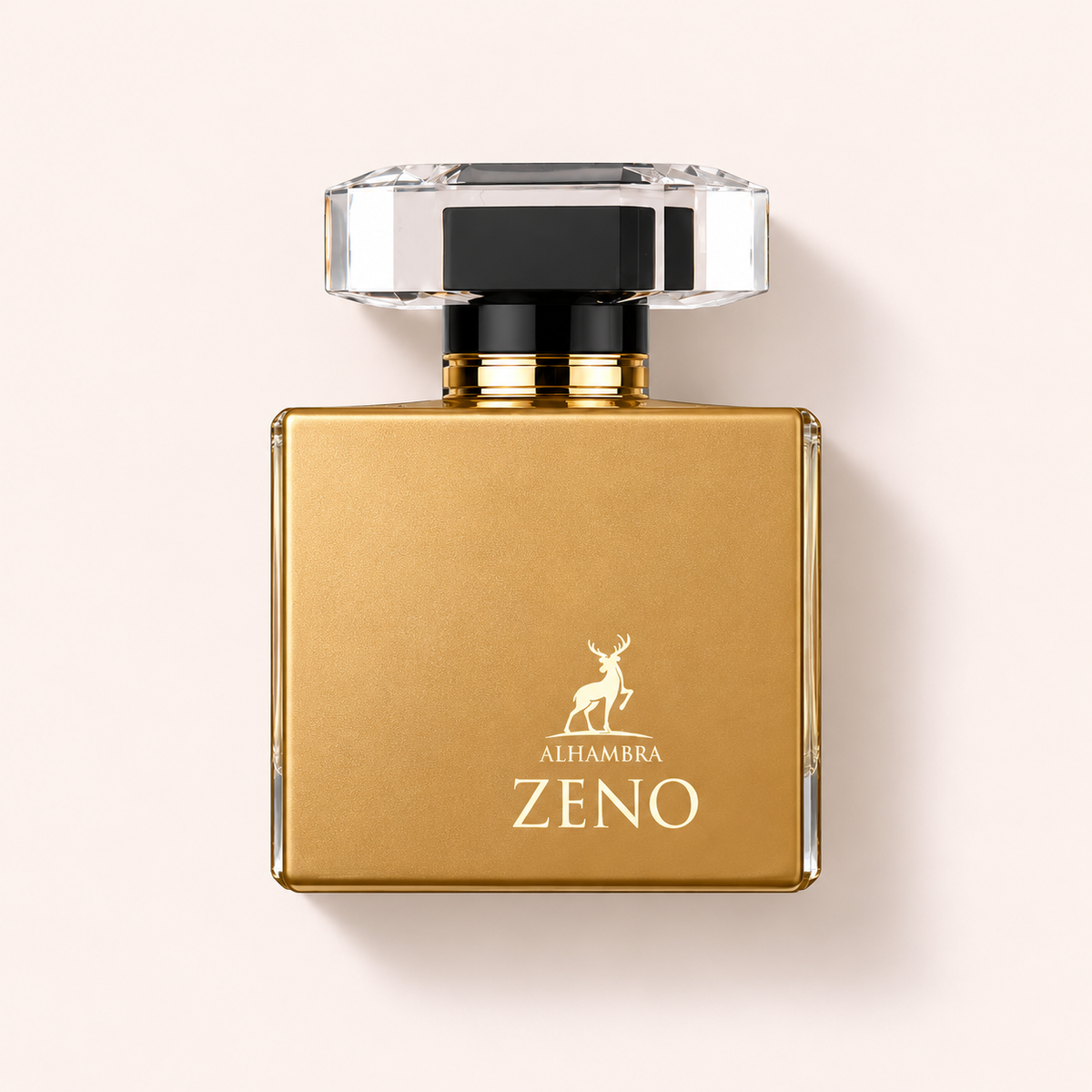 Maison Alhambra Zeno 100 ml – flakon parfému, pohled shora na béžovém pozadí – MrRizz