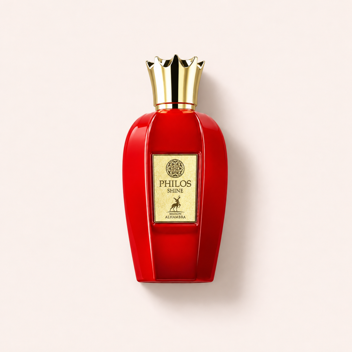 Maison Alhambra Philos Shine 100 ml – flakon parfému, pohled shora na béžovém pozadí – MrRizz