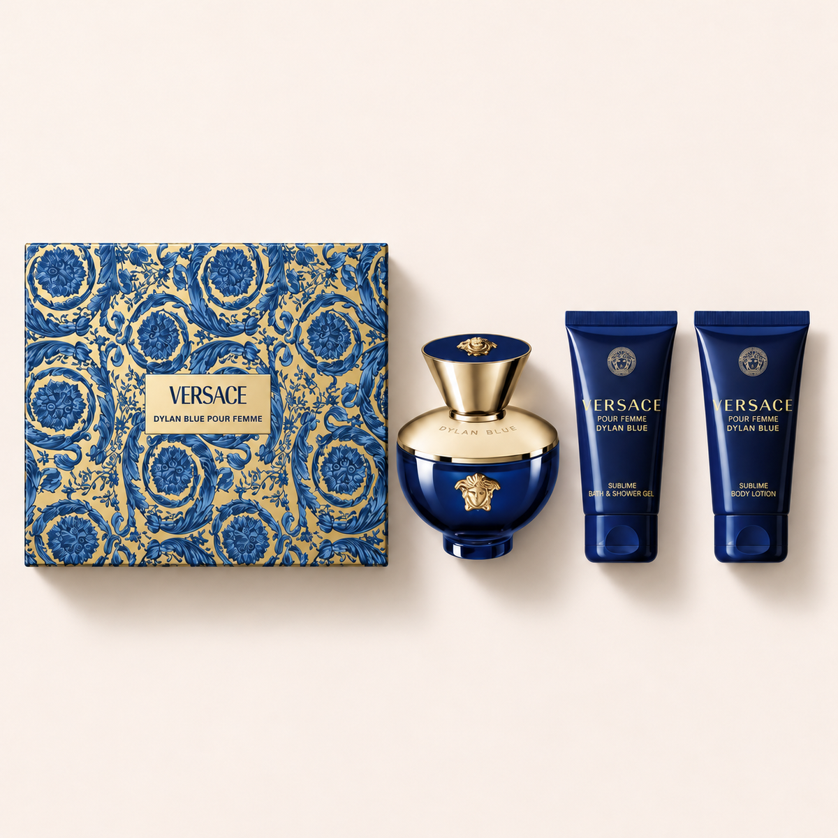 Dárkový set Versace Dylan Blue Pour Femme EDP 50 ml, sprchový gel 50 ml a tělové mléko 50 ml – MrRizz