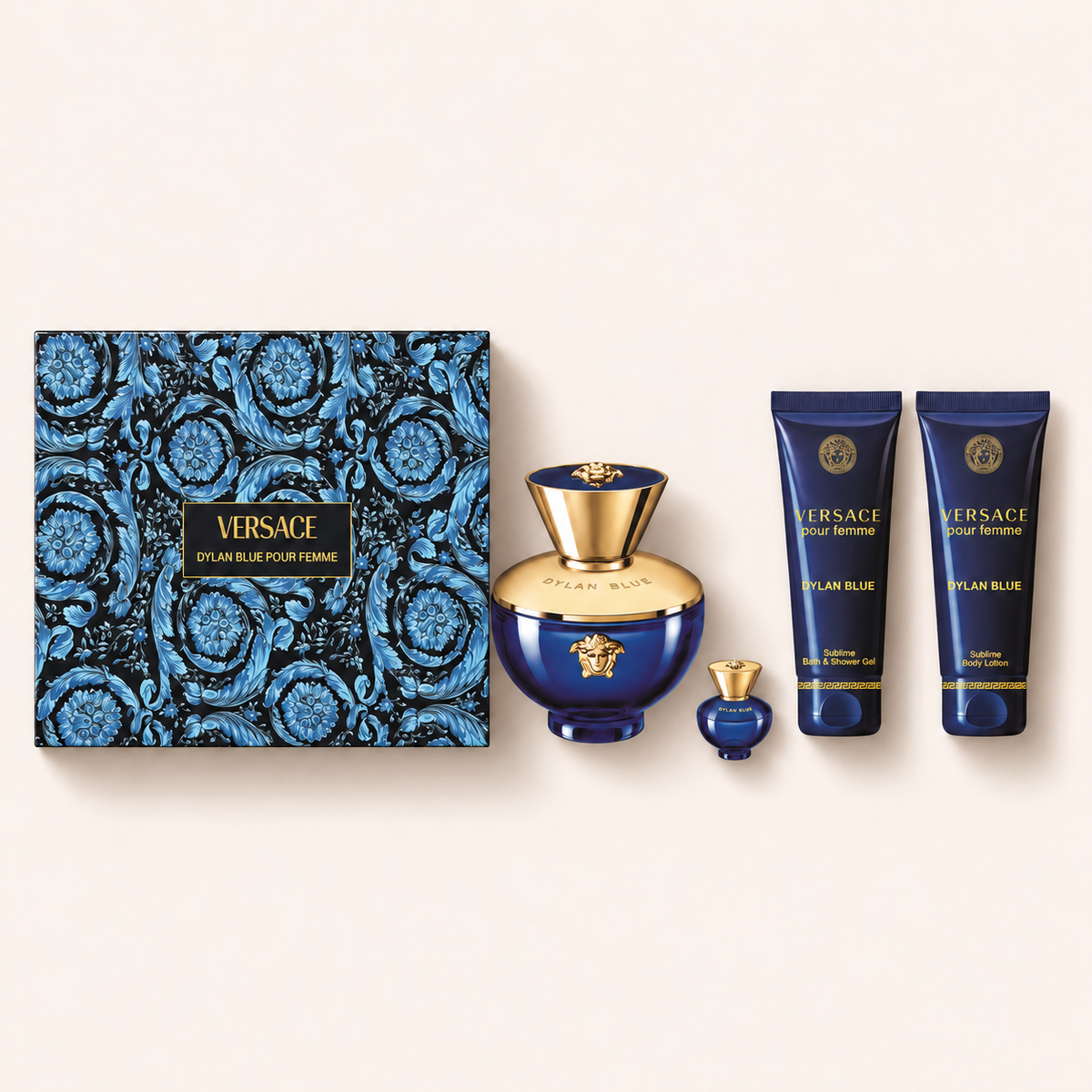 Dárkový set Versace Dylan Blue Pour Femme EDP 100 ml, EDP 5 ml, sprchový gel 100 ml a tělové mléko 100 ml – MrRizz