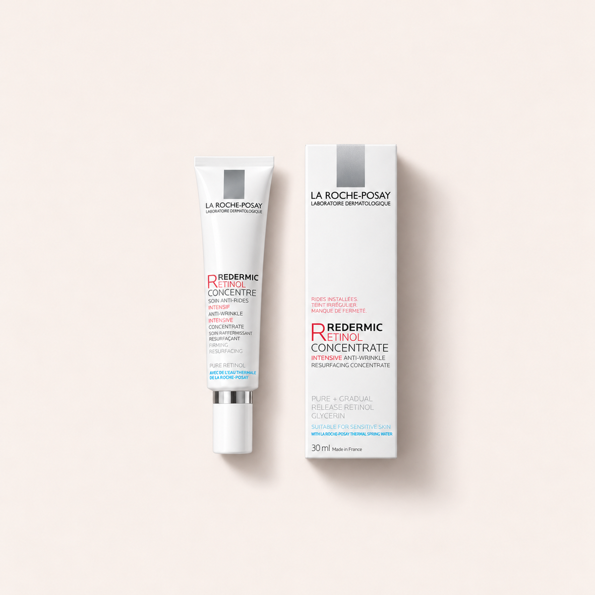 La Roche-Posay Redermic R Anti-Ageing Concentrate Intensive 30 ml – výrobek s odpovídajícím obalem vleže – MrRizz