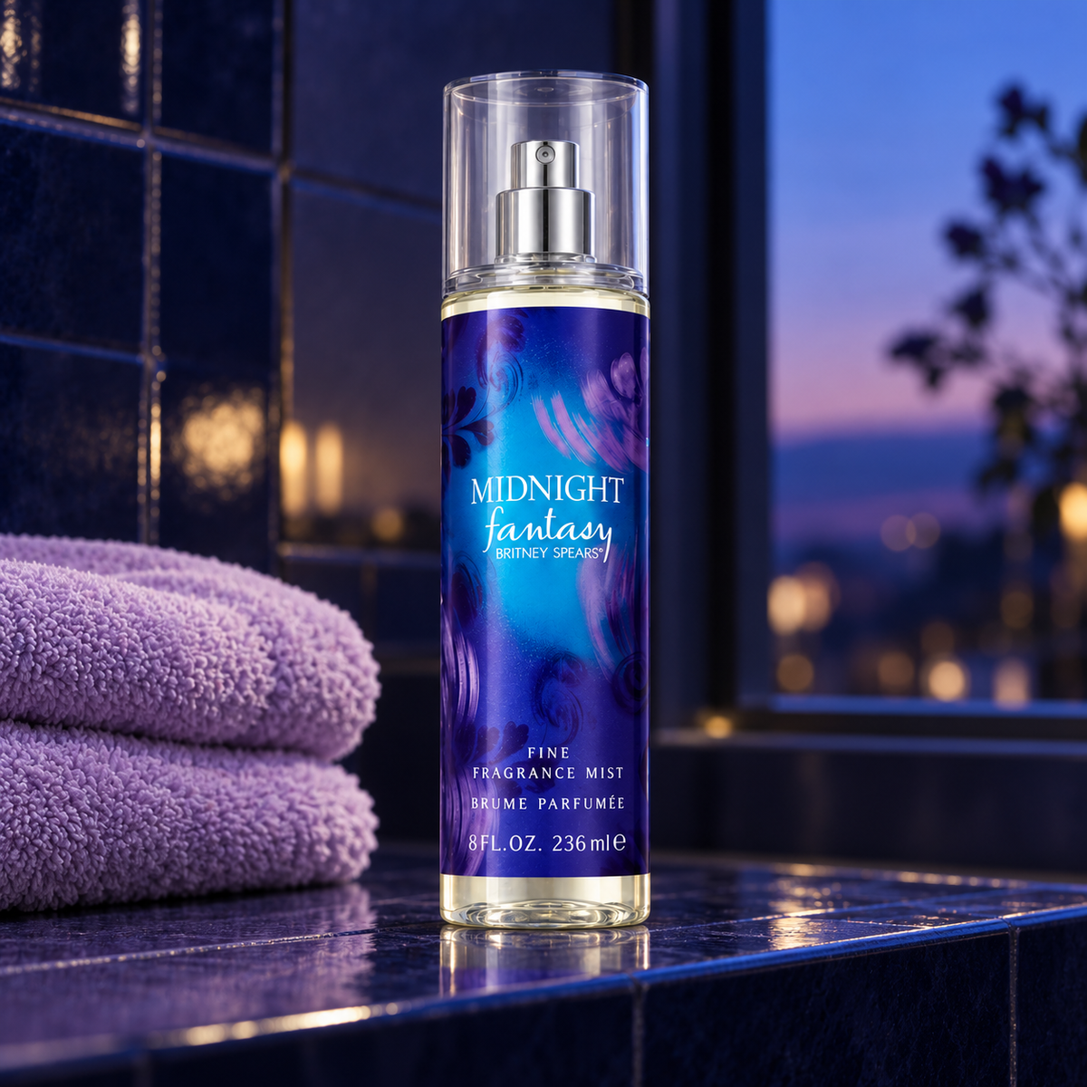 Britney Spears Fantasy Midnight Tělový sprej 236 ml – atmosférická fotografie v prostředí – MrRizz